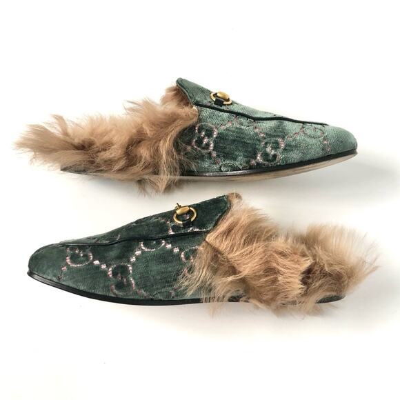 Gucci Princetown Horsebit Monogram Fur Avio Dusty Pink Velvet Slip On Mules 38.5 - Picture 7 of 10